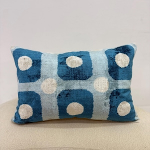 Navy Blue and Ice Blue Velvet Ikat Pillow Cover, Blue White Velvet Pillowcase, Velvet Cushion with White Dots, Navy Velvet Ikat Pillowcase