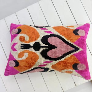 Orange and Pink Velvet Ikat Pillow Cover, Heart Patterned Velvet Ikat Pillow Cover, Ikat Design Velvet Cushion, 16x24 Lumbar Pillowcase