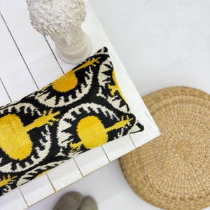 Black and Yellow Velvet Ikat Pillow Cover, Black Yellow Velvet Cushion, Abstract Design Velvet Pillowcase, 12x24 Ikat Cushion, Boho Lumbar