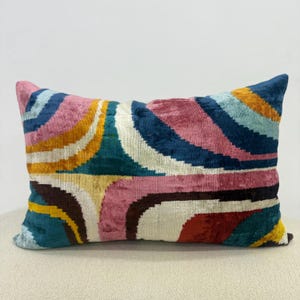 Colorful Velvet Ikat Pillow Cover | Rainbow Velvet Cushion | Navy, Pink, Blue, Yellow, Orange, Green, Burgundy, Blue, White 16x24 Pillow
