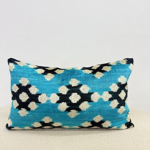 Aqua Blue Velvet Pillow Cover, Geometric Design Velvet Ikat Cushion, Blue Velvet Pillow with Black White Details, Square patterned  Lumbar