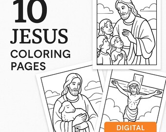 Pode incluir: Uma coleção de 10 páginas para colorir de Jesus. As ilustrações em preto e branco retratam Jesus com crianças, segurando um cordeiro e na cruz. As palavras "DOWNLOAD DIGITAL" estão em um retângulo laranja. As palavras "10 PÁGINAS PARA COLORIR JESUS" estão em letras pretas grandes.