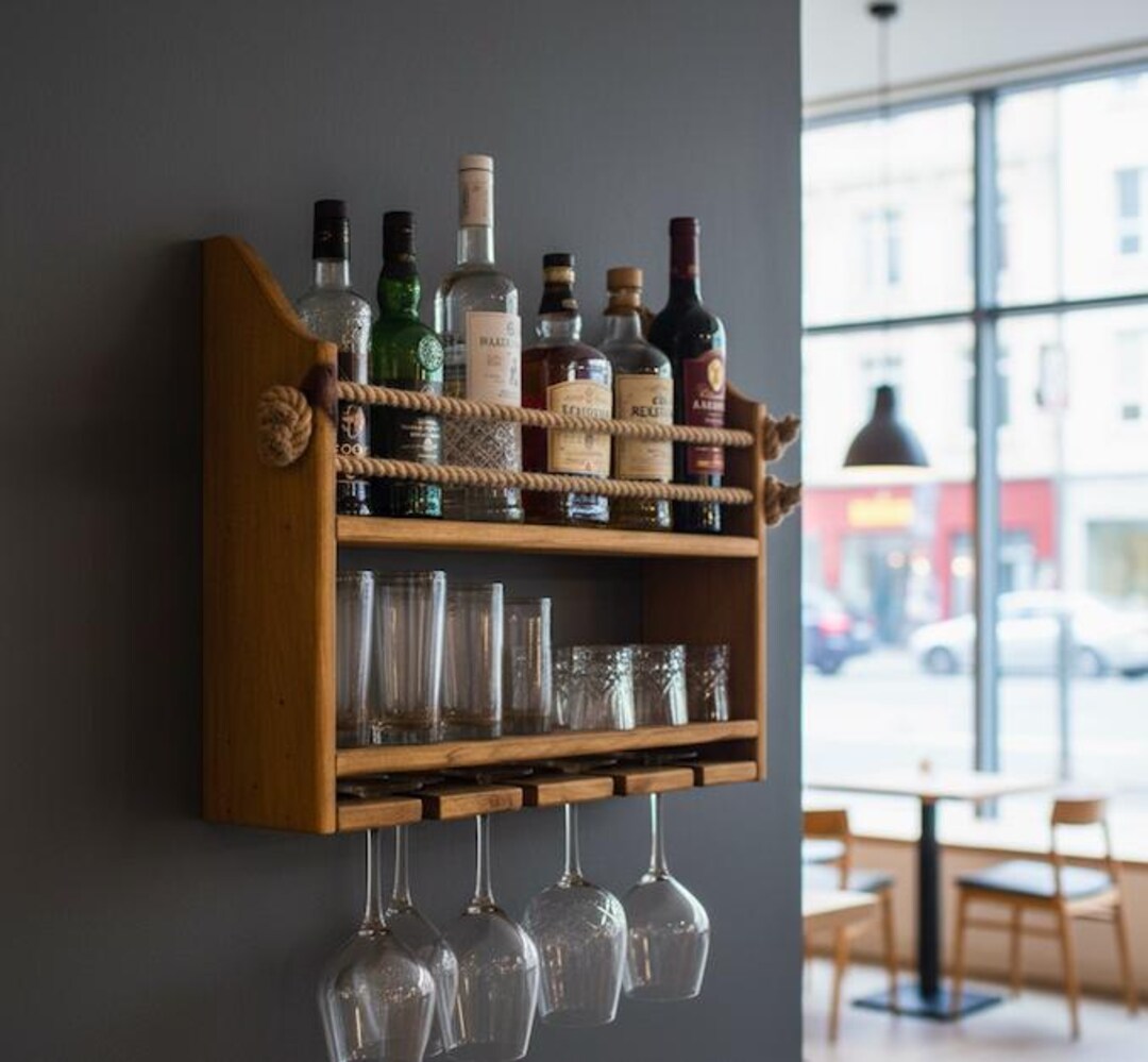 Rope Detailed Rustic Wooden Wine Shelf, Farmhouse Stemware Rack - Etsy