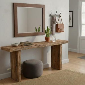 Peut inclure: Une console en bois rustique avec un miroir carré au-dessus. Une petite plante en pot, des livres et un bol décoratif sont posés sur la table. Un pouf gris est en dessous. Une écharpe et un sac sont accrochés à des crochets.