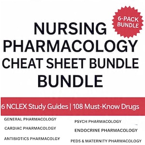 Op de afbeelding: Op een witte achtergrond staat de tekst "NURSING PHARMACOLOGY CHEAT SHEET BUNDLE" in vette zwarte letters. Een rode ronde sticker leest "6-PACK BUNDLE". Daaronder staat een rode banner met studiehandleidingen en geneesmiddelen, waaronder "Algemene farmacologie".