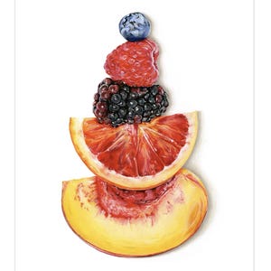 May include: A vibrant illustration of layered fruit. A blueberry rests on a red raspberry, followed by a blackberry, a blood orange slice, and a peach slice. The artwork is set against a white background.