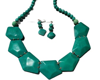 Tagua diamonds teal necklace/ Statement yellow diamonds tagua Geometric turquoise necklace/Pentagons tagua beads necklace