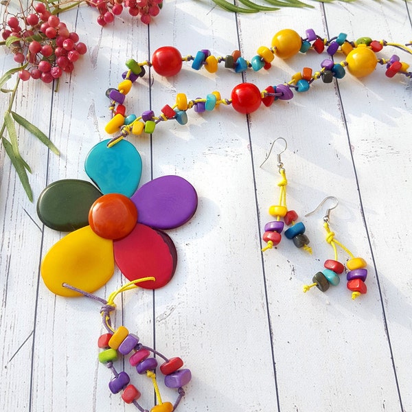 Flower rainbow necklace/Tagua necklace/Bold necklace/Colorful Necklace/Gift ideas/Handmade jewelry by ALLIE/ ECOJEWELRY Sustainable fashion