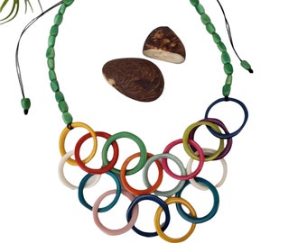 Tagua Chained rainbow necklace /Statement necklace/Infinity rings necklace/ Ecojewelry gifts designed by Award winner designer Allie