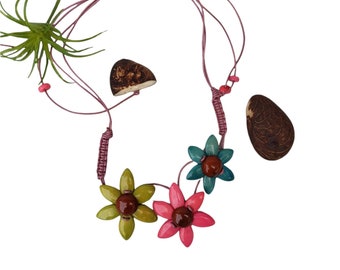Tagua flowers multicolor necklace or hair band with leather /whimsical floral necklace/Ecofriendly jewelry/Statement boho unique jewelry/