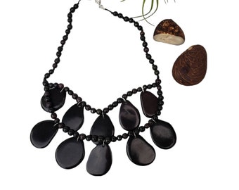Tagua black Statement  necklace/ wooden ecofriendly necklace/Layered bib necklace/Boho chic slow fashion jewelry