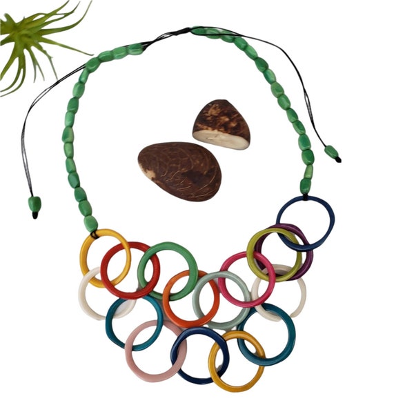 Tagua Chained rainbow necklace /Statement necklace/Infinity rings necklace/ Ecojewelry gifts designed by Award winner designer Allie