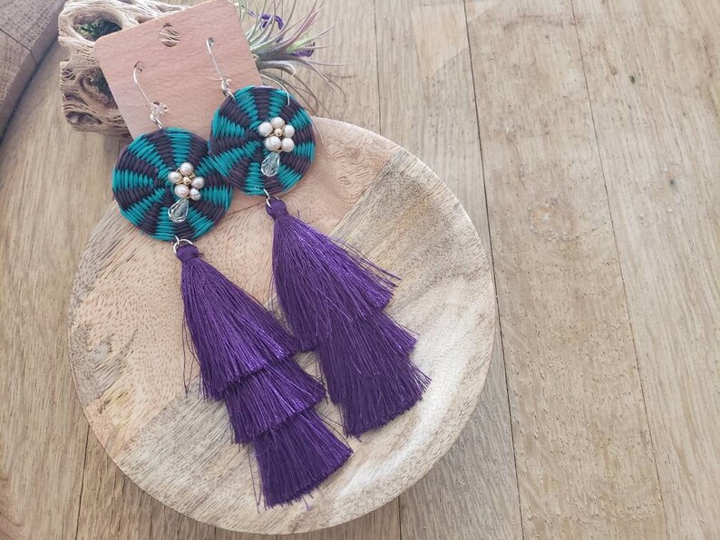 Straw /& purple tier tassels earringsStraw OOAK earrings Super long Tassels earringsBeach jewelryGifts for mom Pearls earringsEcojewel