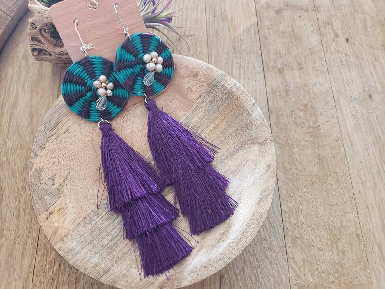 Straw /& purple tier tassels earringsStraw OOAK earrings Super long Tassels earringsBeach jewelryGifts for mom Pearls earringsEcojewel