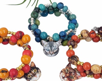 Cat layered wrap tagua acai seed bracelets/Jewelry for cat lovers/Cat mom gifts