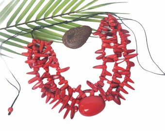 Coral reef red Tagua necklace/Chunky Statement beaded necklace/Aqua funky ecofriendly necklace/Gifts for her/Ethical eco responsible gifts