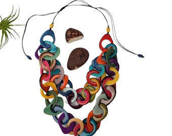 Long chain tagua necklace/Statement Layered Chunky chain Necklace/Rainbow Chain Necklace/Colorful handmade jewel by Award winner Allie