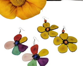 Flower tagua nut statement dangle big earrings in sunny colors