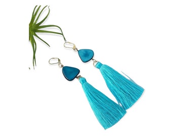 Large silk tassels & tagua earrings /Boho Earrings/ Gifts for her/Statement long dangle earrings
