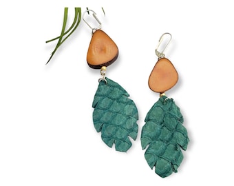 Teal Tagua and fish leather earrings/ Leaves tagua earrings/ Dangle leather fish skin earrings snake look