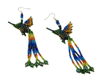 Humming birds long dangle earrings in glass beads Ukrainian folk art jewelry