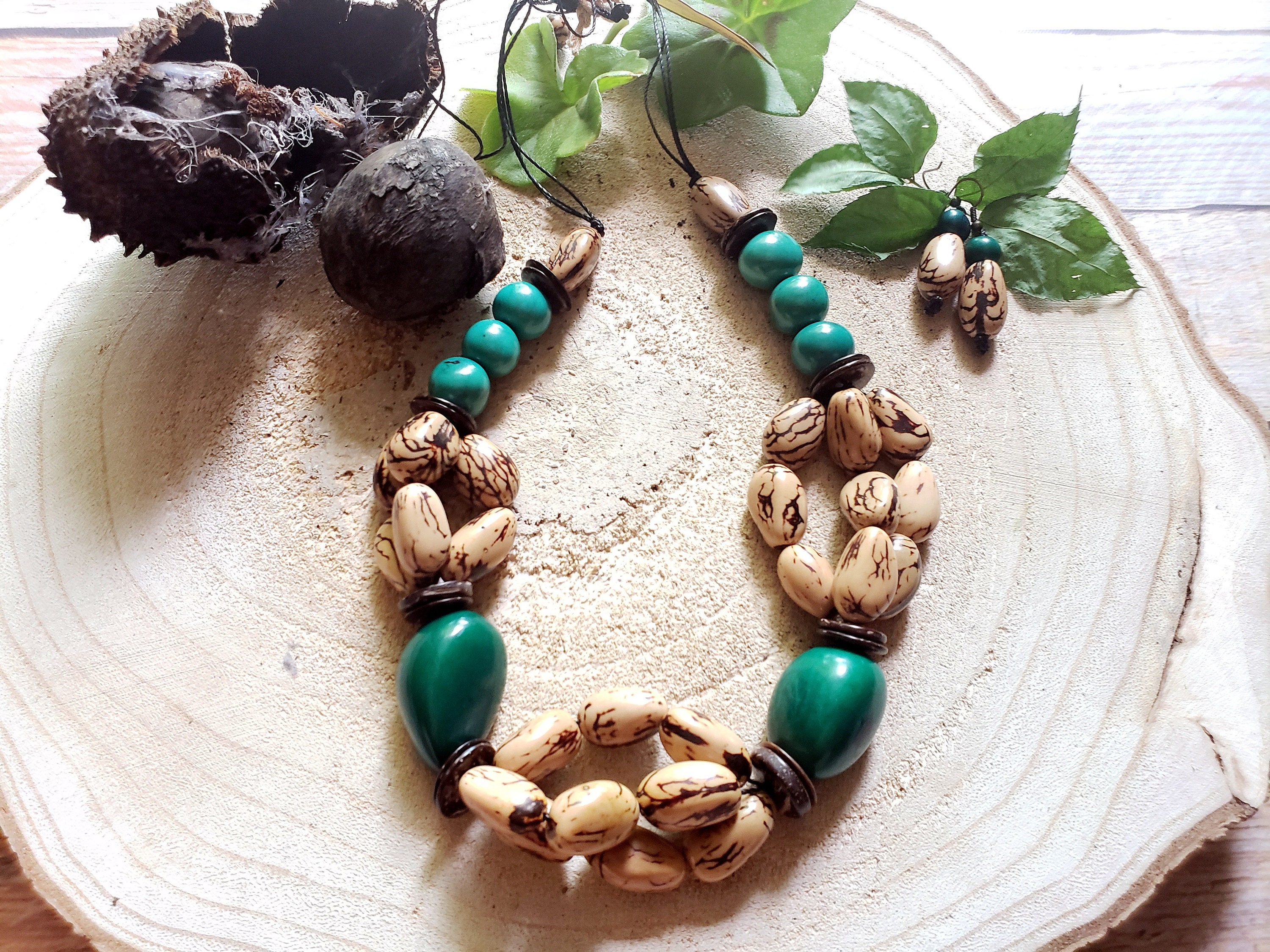 Tagua chunky long necklace/ Beaded nuts necklace/ Tagua jewelry sets /Eco  friendly jewelry/Teal Turquoise necklaces/ Boho Chic Jewelry