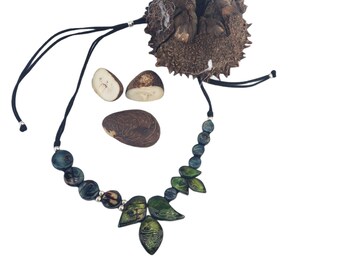 A walk in the woods Tagua leaves necklace set in Turquoise & green/Beaded ethical jewelry/Ecofriendly sustainable jewelry gifts
