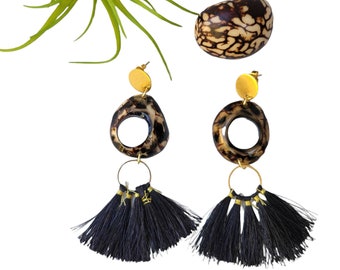 Tagua hoops and fan tassel earrings/Boho Earrings/ Fair beads jewelry/ hypoallergenic posts earrings