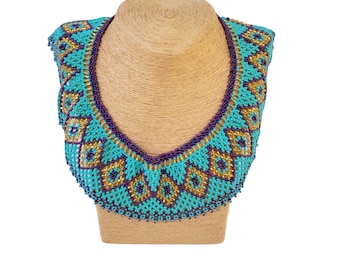 Ukrainian folk art Collar bib necklace RGB Ginsburg style choker beaded necklace with seed glass/ Turquoise and Gold