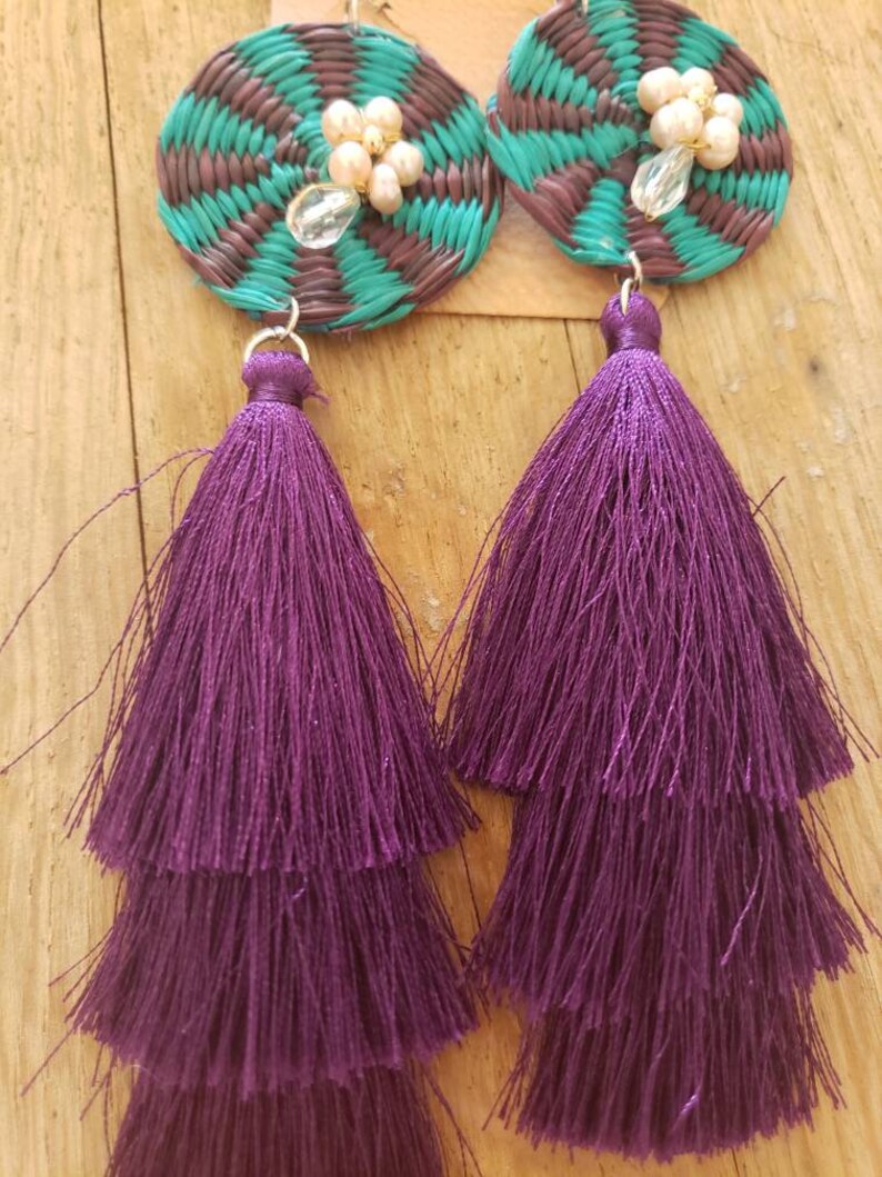 Straw /& purple tier tassels earringsStraw OOAK earrings Super long Tassels earringsBeach jewelryGifts for mom Pearls earringsEcojewel