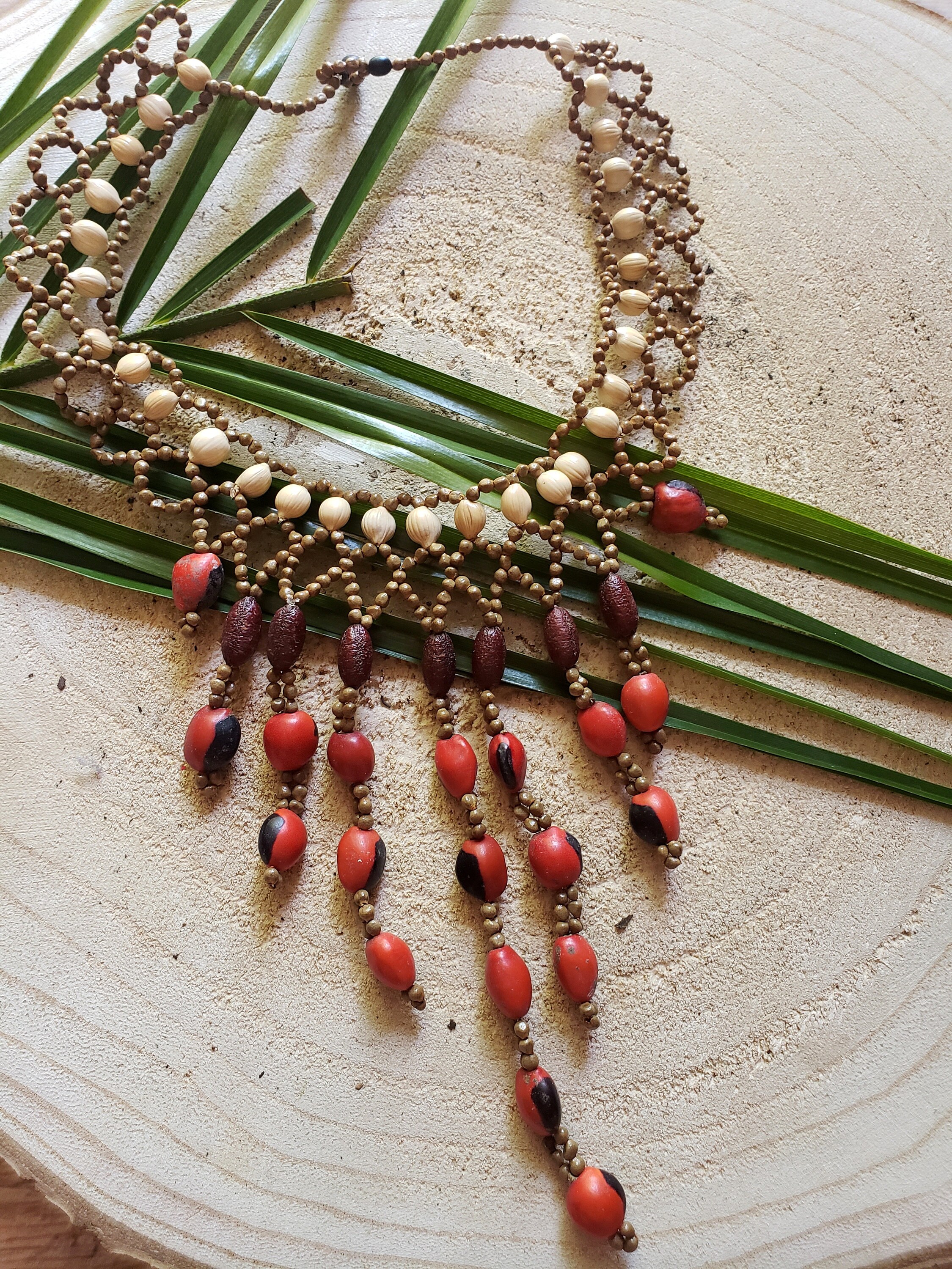 Waterfall necklace/ Red cascade Necklace/ Seeded necklace/ Rainforest