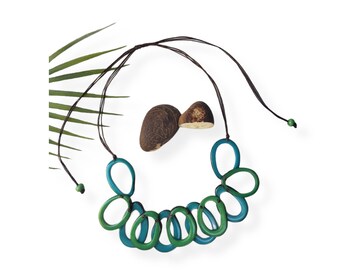 Hollow rings unique statement tagua necklace /Turquoise & green tagua  beach jewelry /Ecofriendly wooden fair jewelry/Eco gifts for her