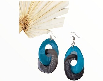 Long Chained  eco friendly Tagua  earrings/ Color block  Bold Statement earrings big hoops chained