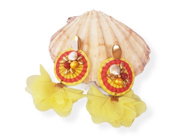 Statement yellow straw disks and  pearls OOAK Mixed media  earrings/ Beach jewel rattan OOAK earrings