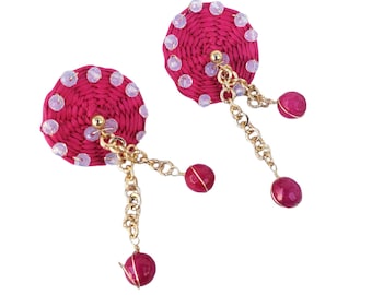 Statement straw pink earrings/Summer Earrings/ Woven Rattan wicker earrins/Wire wrap woven earrings/Gold & straw OOAK earrings