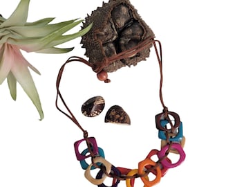 Squares Mod tagua rainbow statement necklace and vegan leather/ Ethical beads