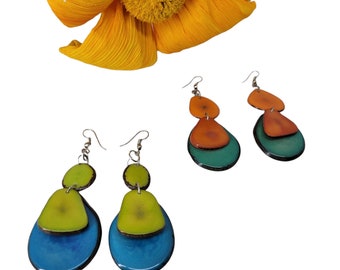 Colorful Tagua slices and petals color block earrings/ every day Earrings/ Dangle ecofriendly earrings