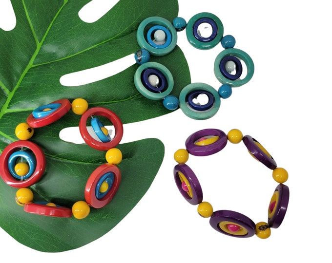 Featured listing image: Tagua nut circles nested bracelet/ Interlinked Circles bracelets/ Mod mid-century stretchy bracelet/ Ecofriendly jewelry