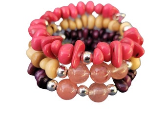 Tagua chips red  coral and crystals wrap triple layered bracelet ecojewel by Award winner Allie Thornton