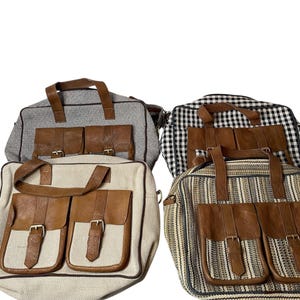 May include: Four travel bags with various patterns and textures. The bags feature brown leather accents, including pockets and handles. The bags have different designs, including a gray herringbone, a black and white checkered pattern, and striped and solid fabrics.
