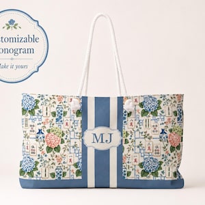 Könnte beinhalten: Eine Tragetasche mit einem zentralen blau-weiß gestreiften Paneel mit dem Monogramm MJ, flankiert von Seitenpaneelen mit einem Muster aus blauen und rosa Hortensien, blau-weißen Vasen und Mahjong-Steinen. Sie hat weiße Seilgriffe.