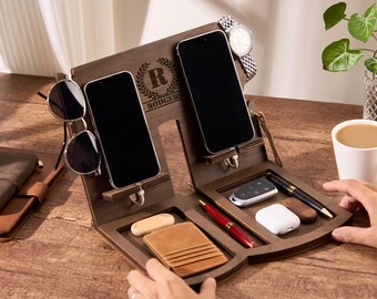 Personalized Wood Desk Organizer-Office Desk Accessories- Mens Christmas Gifts-Custom Docking Station- Custom Organizer Gift-Gifts for Men