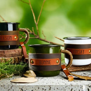 Personalized Enamel Mug,Leather Enamel Mug,Camping Mug,Travel Mug,Forest Mug,22oz Camper Coffee Cup,Camping Mountain Camp Mug,Couple Gifts