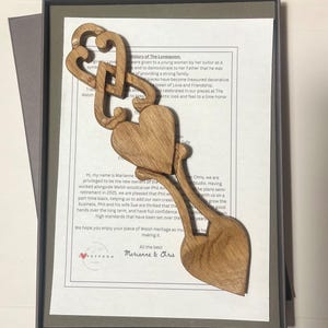 May include: A wooden lovespoon with a heart and knot design. The lovespoon is a traditional Welsh folk art piece, often given as a gift to symbolise love and affection. The lovespoon is displayed in a box with a note about its history and the makers.