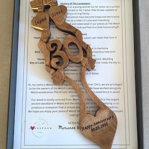 May include: A framed wooden lovespoon, a traditional Welsh gift, with detailed carvings. The spoon features the names "Jayne" and "Steve", and the words "Happy Anniversary 30.05.1995". The background includes text about the history of the lovespoon.