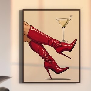 Red Leather Boot Martini Art Print | Retro Bar Cart Decor (Digital Download)