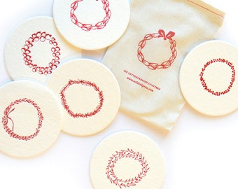 Merry Wreaths- Holiday Letterpress Coasters, set of 6