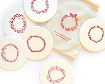 Merry Wreaths- Holiday Letterpress Coasters, set of 6