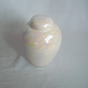 Pode incluir: Um pote de cerâmica branco com um padrão de esmalte iridescente em espiral. O pote tem uma tampa e é uma peça decorativa.