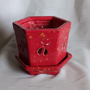Peut inclure: Un pot hexagonal en céramique rouge avec une soucoupe assortie. Le pot présente des motifs découpés décoratifs et une finition mouchetée. Idéal pour les petites plantes ou les succulentes, ce pot décoratif ajoute une touche de couleur.